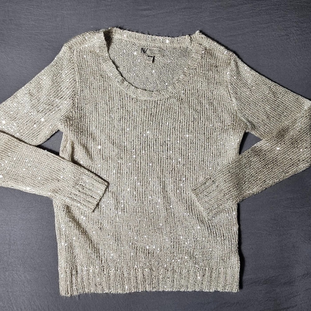 Nevada Sequin Knit Sweater Womens Small Grey Silver Sparkle Pullover Crew Neck